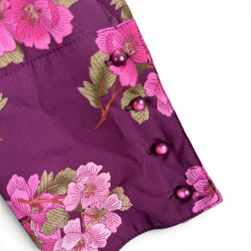 Nanette Lepore Burgundy Floral Button Front Long Sleeve Dress 4 Button Cuff Sz 8 - Picture 2 of 6